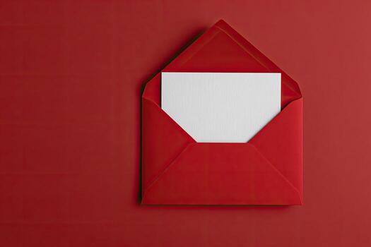 A bright red envelope is open, revealing a plain white card on a matching crimson surface photo