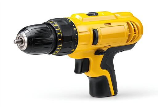 A bright yellow cordless drill, angled to the left, against a pure white background photo