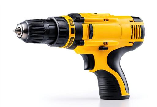 A yellow and black cordless power drill with a chuck and trigger, isolated on white photo