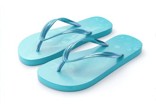 A pair of turquoise flip-flops with shimmering straps and a subtle, decorative pattern photo