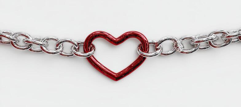 A glossy red heart-shaped element is connected to a silver chain against a white background photo