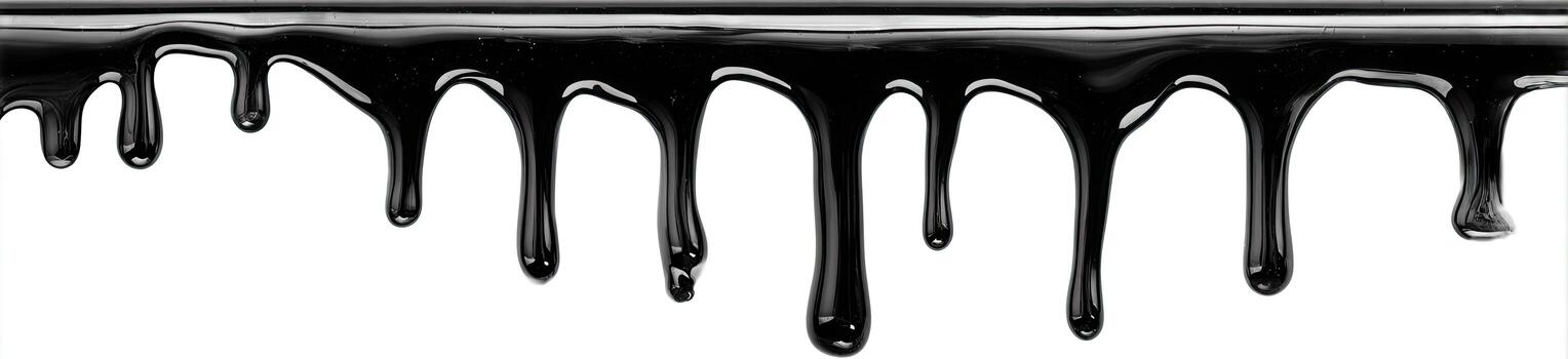 A horizontal band of flowing, glossy black material with dripping patterns against a white background photo