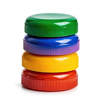 Stack of vibrantly colored plastic bottle caps, arranged vertically on a white background photo