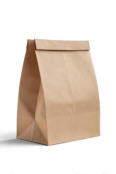 A simple brown paper bag stands upright against a white backdrop, casting a shadow photo