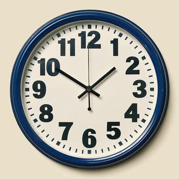 A round wall timepiece with a navy blue frame and black numerals on a cream-colored face photo