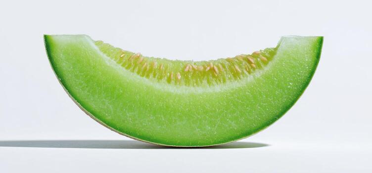 A slice of green melon with seeds, against a white background, casting a soft shadow photo