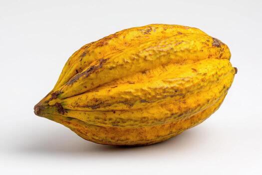 Close-up of a ripe, yellow cacao pod on a plain white background, showing detailed texture photo