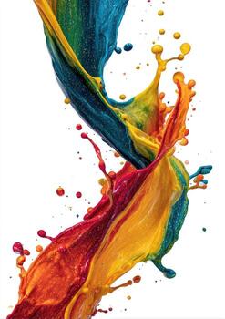 Dynamic capture of vibrant paint splashes in blue, red, orange, and yellow against a white background photo