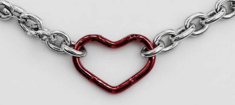 A metallic chain with a ruby heart pendant hangs against a white backdrop, showcasing love photo