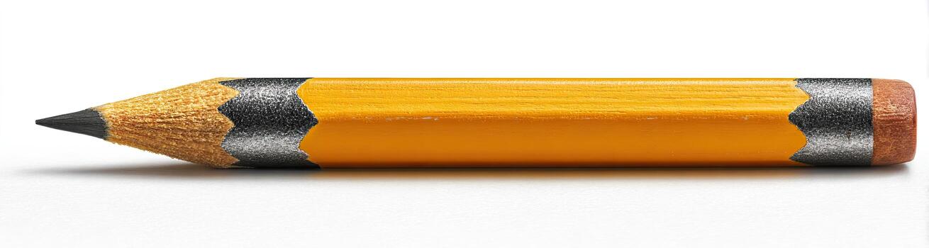 Close-up of a short, yellow pencil with a sharp graphite tip and a pink eraser end photo