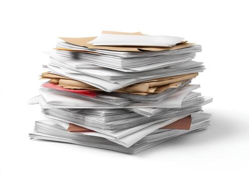 A tall, messy stack of various papers, envelopes, and documents, against a white background photo