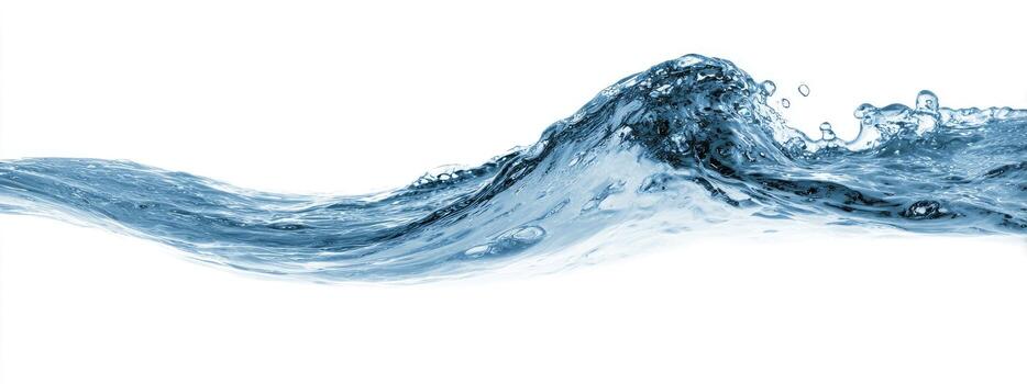 A close-up view of a wave cresting, with blue water against a white background photo