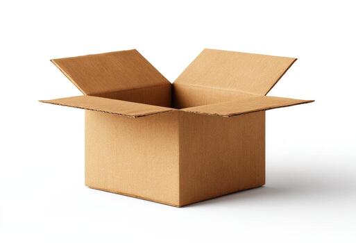 Open, empty cardboard box with flaps extended, isolated on a white background photo