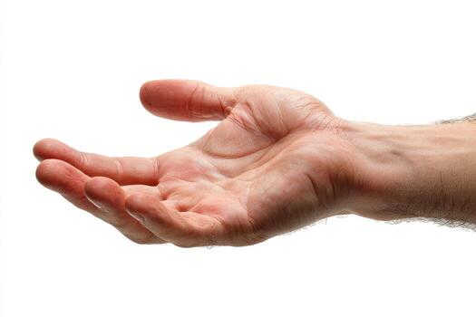 A close-up view of a fair-skinned hand, palm up, fingers slightly curved, isolated on white photo