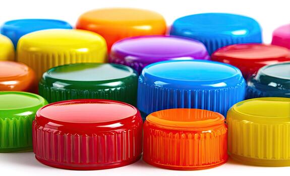 Up-close, vibrant array of colorful plastic bottle caps, partially stacked, on white background photo