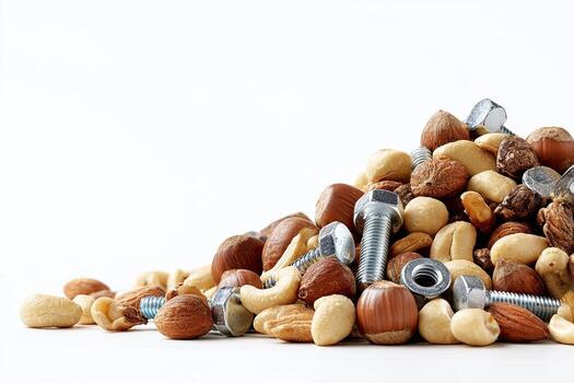 A close-up of nuts and bolts spilling out of a pile, resting on a bright white background photo