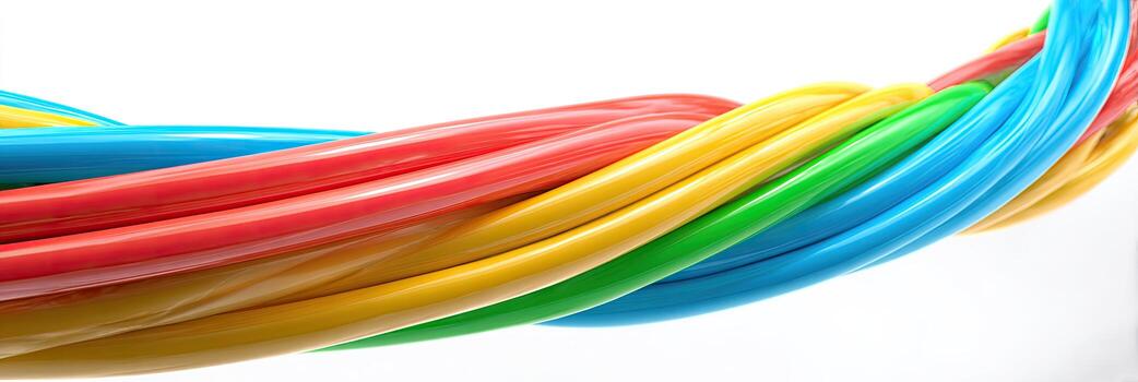 Close-up of twisted, colorful cables against a white background. Vibrant, glossy, and artistic photo
