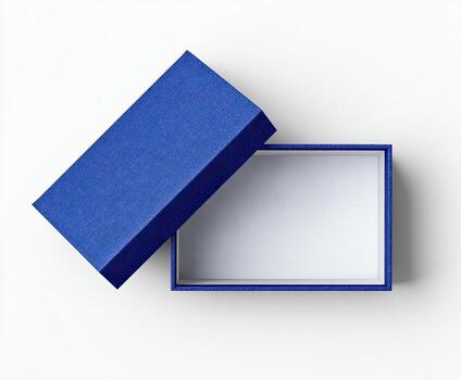 Top-down view of an open rectangular blue box with a textured lid and white interior photo