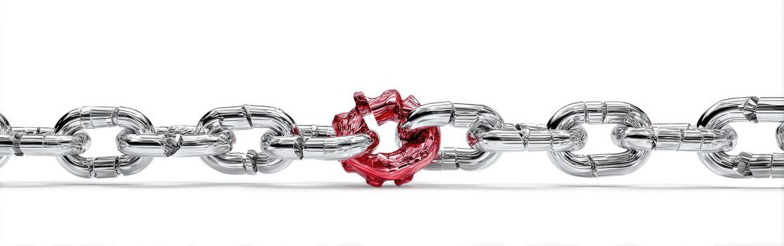 Metallic chain with one broken red link against white. Concepts of weakness and separation photo