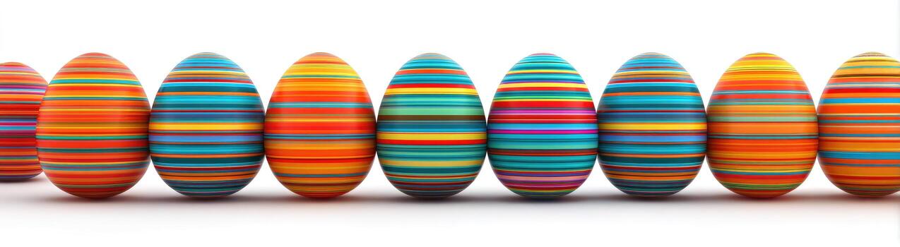 A row of vibrantly striped Easter eggs, each with a different color palette, set against white photo