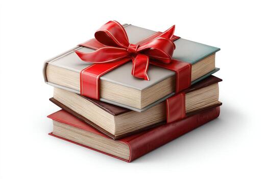 Stack of three hardcover books tied with a red ribbon, gift concept, white background photo