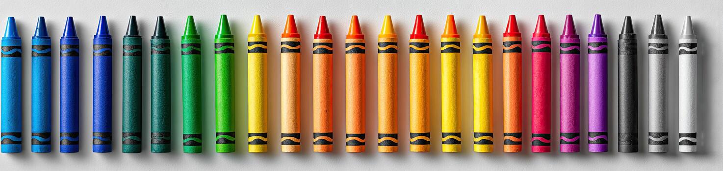 Row of upright, colorful, cylindrical wax crayons on a white background photo