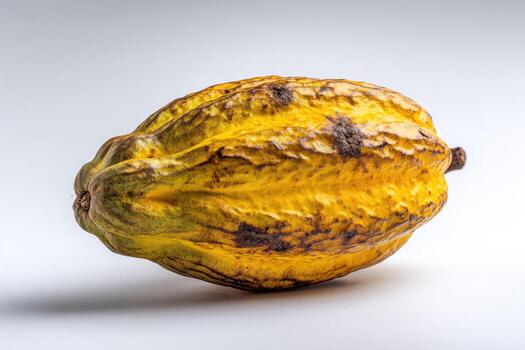 Close-up of a cacao pod, yellow with dark spots, resting on a white surface photo