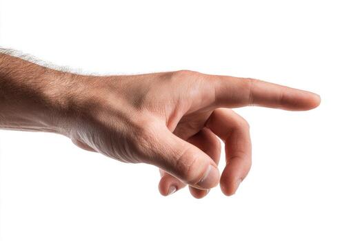 A close-up of a hand pointing forward on a white background photo