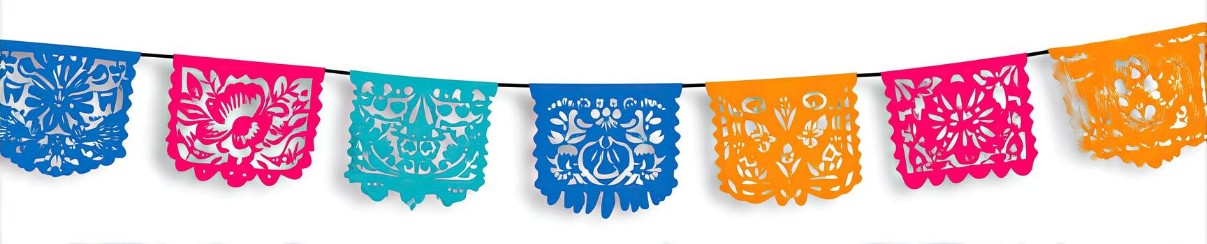 A string of colorful paper flags, cut with intricate patterns, strung across a white background photo