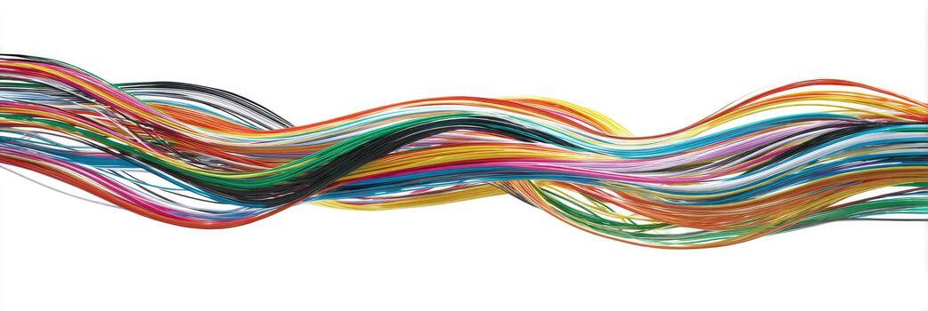 A flowing wave of colorful strands against a white background photo