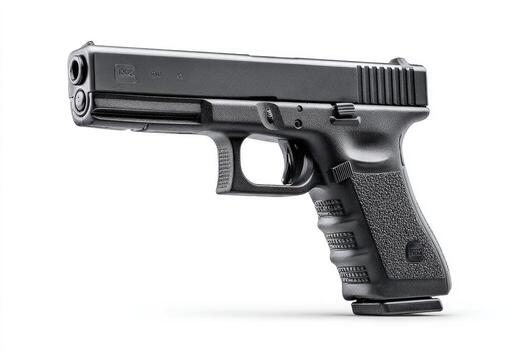 A black, semi-automatic pistol at an angle, isolated on a white background photo