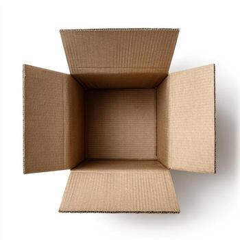 Overhead view of an open, empty cardboard box with flaps extended photo