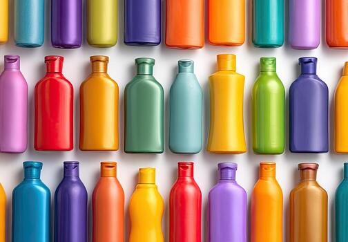 Rows of colorful, glossy plastic bottles on white background. Top-down view, vibrant hues photo