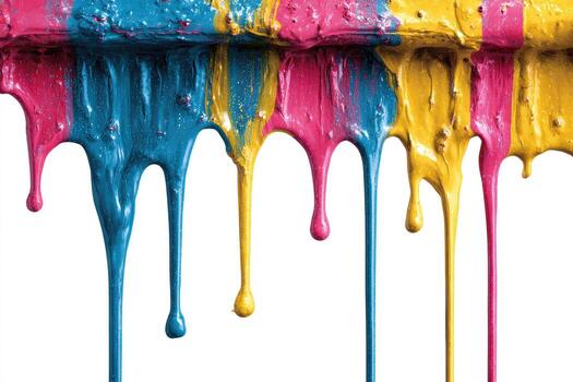 Vivid paint dripping down, mixing colors. A close-up view with a white background photo
