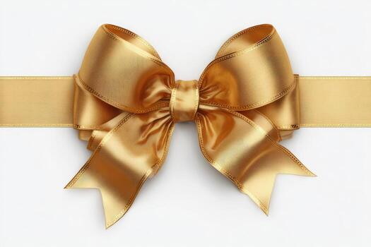Close-up view of a shiny, golden ribbon tied in a bow against a white backdrop photo