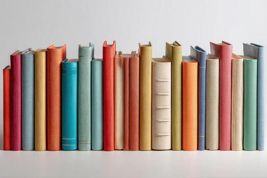 A line of colorful hardcover books, spines facing the viewer, against a plain white backdrop photo