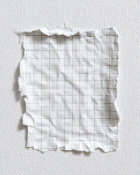 Torn, crinkled square of grid paper on a textured white surface, lit from above photo
