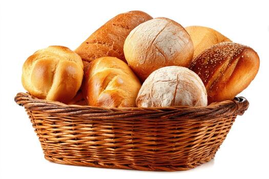 A wicker basket overflows with various golden-brown breads and rolls, a tempting display photo