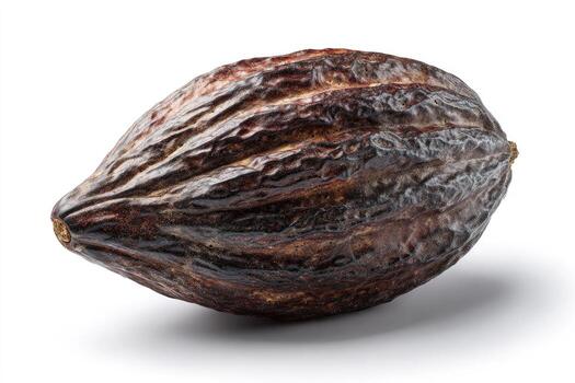 A close-up of a rough, brown, oblong pod, likely a fruit, on a white background photo