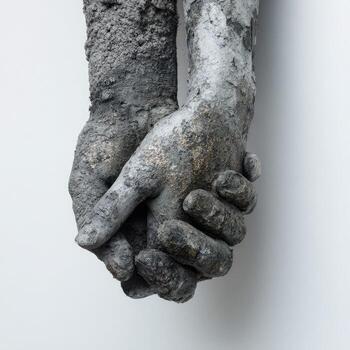 Statue of two hands joined in support, covered in rough, gray, textured material photo