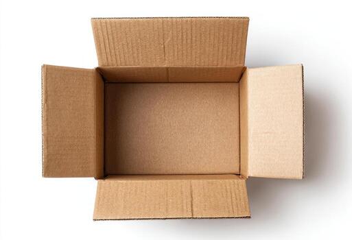 Overhead shot of an empty, opened cardboard box on a white surface photo