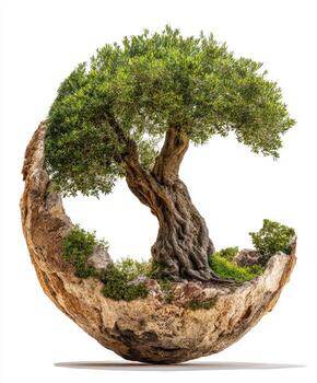 A gnarled tree sprouts from a circular rock formation, suggesting nature's resilience photo