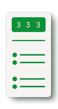 White rectangular card with green details and numbers. Three 3s on top, dots below photo