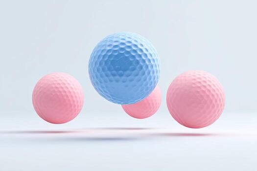 Four textured spheres, three pink and one blue, float against a soft, neutral background photo