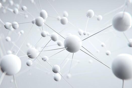3D rendering of interconnected white spheres connected by thin lines against a blurred background photo