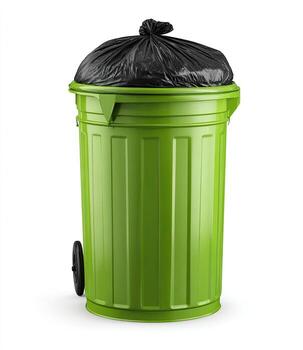 Green plastic waste container with a black trash bag. It has one wheel and a slightly open lid photo