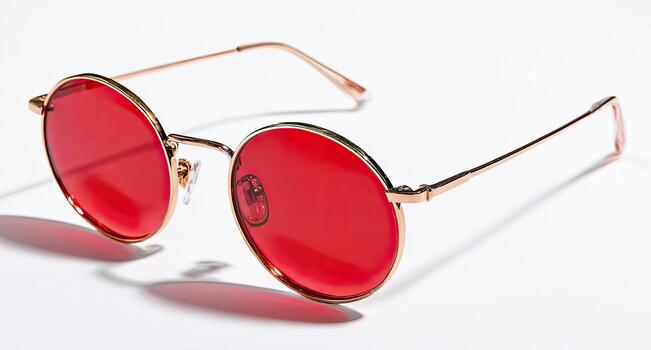 A pair of round-lensed sunglasses with gold-colored frames, casting a shadow on white photo