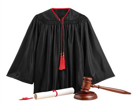 A judge's robe with red trim, tassels, gavel, and rolled document on a white background photo