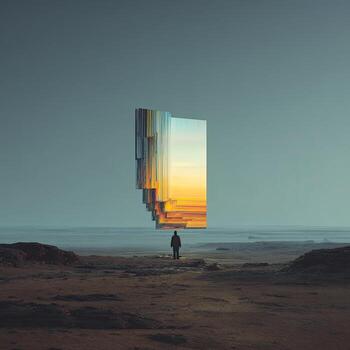 A lone figure stands before a fragmented, hovering vertical structure reflecting a sunset landscape photo