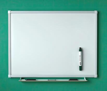 A blank, white rectangular board hangs on a green surface, with a green marker and tray photo